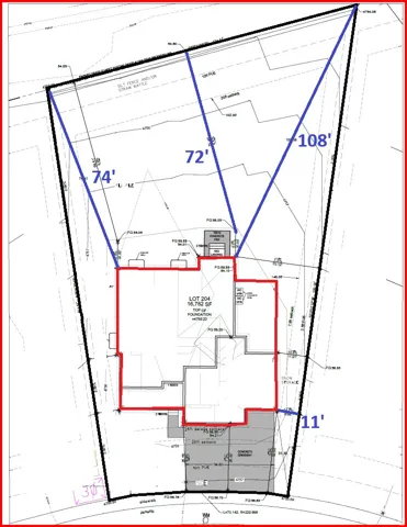 Site Plan. Illustrating the property boundaries and improvements, including setback distances and lot dimensions