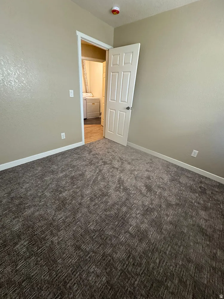 Textured carpeting, neutral wall finishes, white trim, and a paneled door