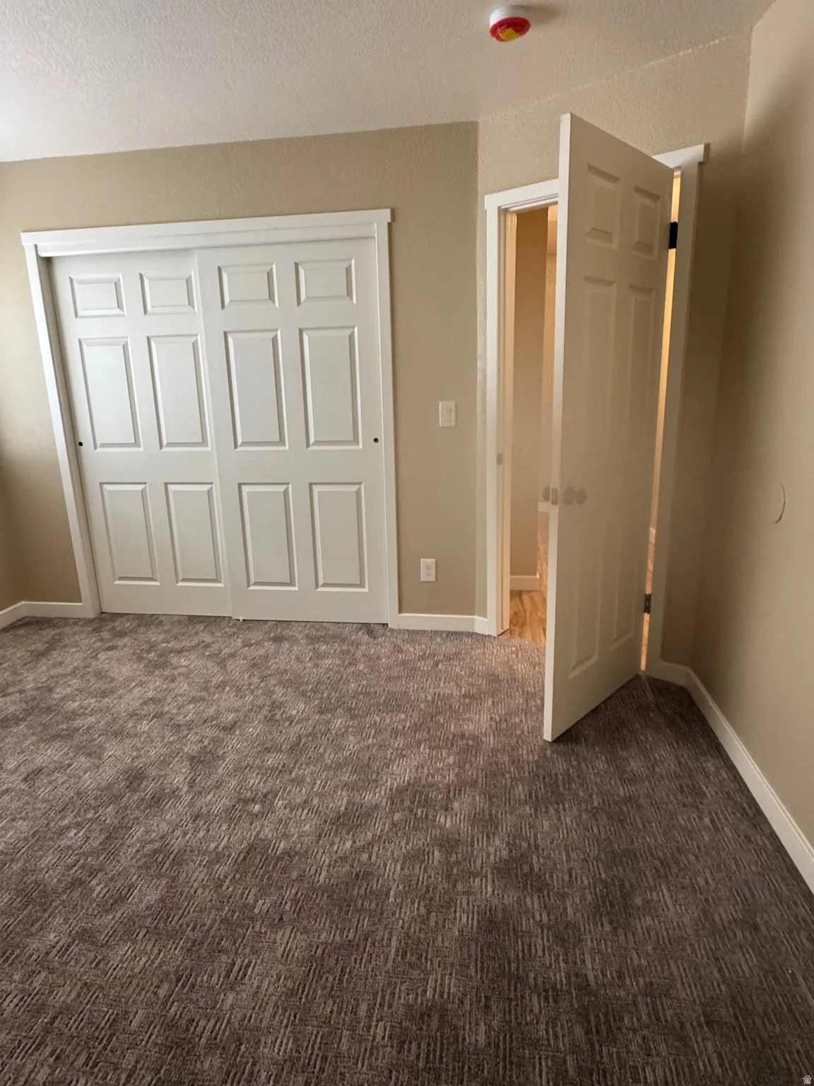 Textured carpet flooring, neutral wall color, white trim, and a white six-panel door