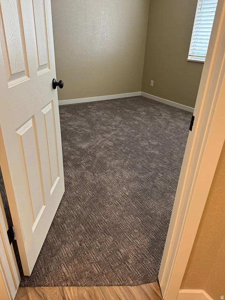 Window blinds, light-toned walls, contrasting white trim, patterned carpeting, and wood-finish flooring