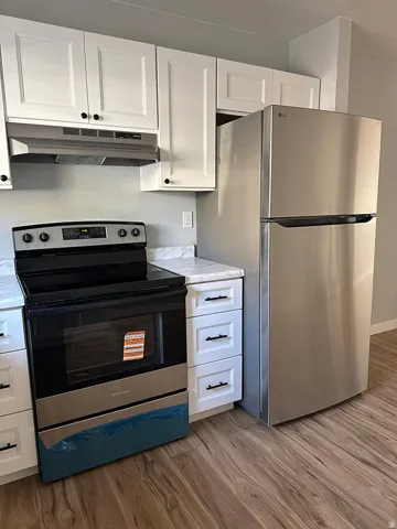 White shaker-style cabinetry with black hardware, stainless steel appliances, light-toned countertops, and wood-finish flooring