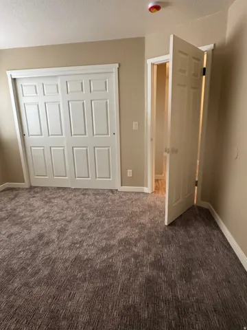 Textured carpet flooring, neutral wall color, white trim, and a white six-panel door