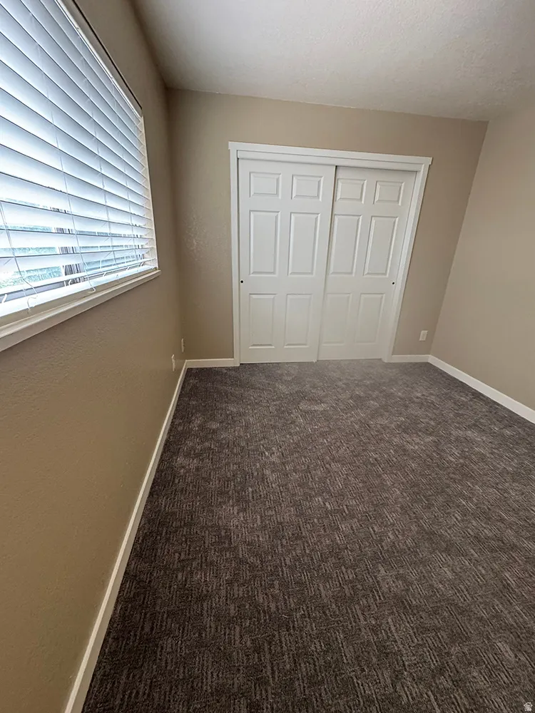 Textured carpeting with neutral wall tones and white window blinds