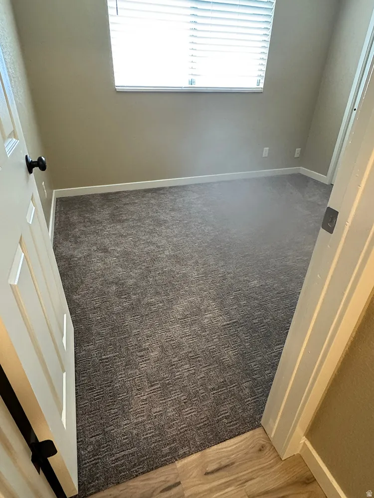 Neutral-toned wall paint with white trim, patterned gray carpeting, and a window with blinds