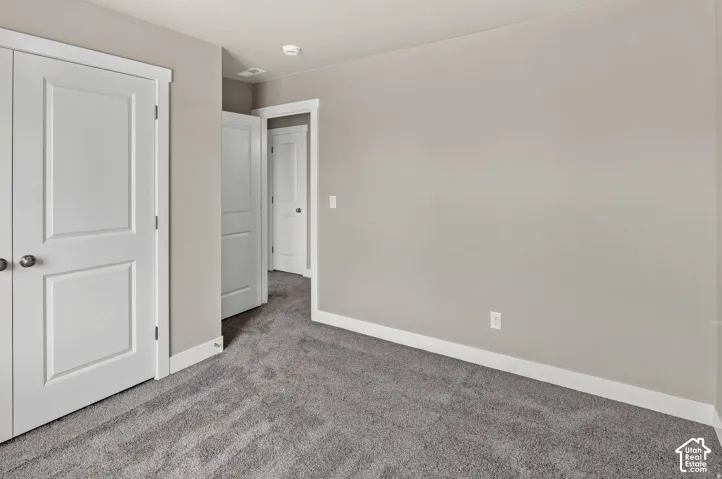Gray wall-to-wall carpeting with white trim, featuring multiple paneled doors with spherical door hardware