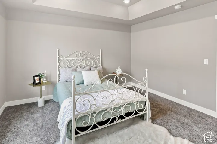 Tray ceiling with recessed lighting, light gray wall paint, and gray carpet flooring
