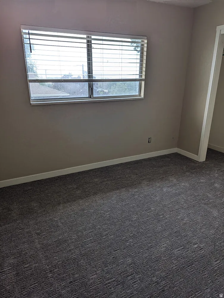Window with horizontal blinds, neutral wall paint, and patterned gray carpeting