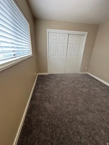 Textured carpeting with neutral wall tones and white window blinds
