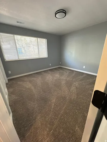 Neutral gray wall paint, brown patterned carpet, window with horizontal blinds, and a flush mount ceiling light