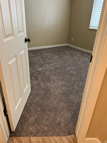 Window blinds, light-toned walls, contrasting white trim, patterned carpeting, and wood-finish flooring