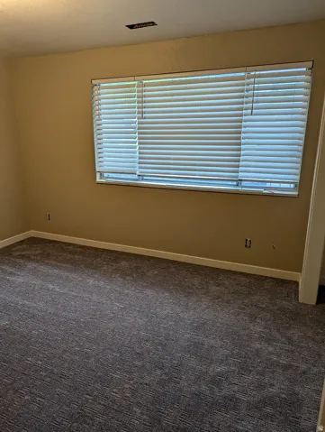 Patterned carpeting, light-toned wall finishes, white trim, and a window with blinds