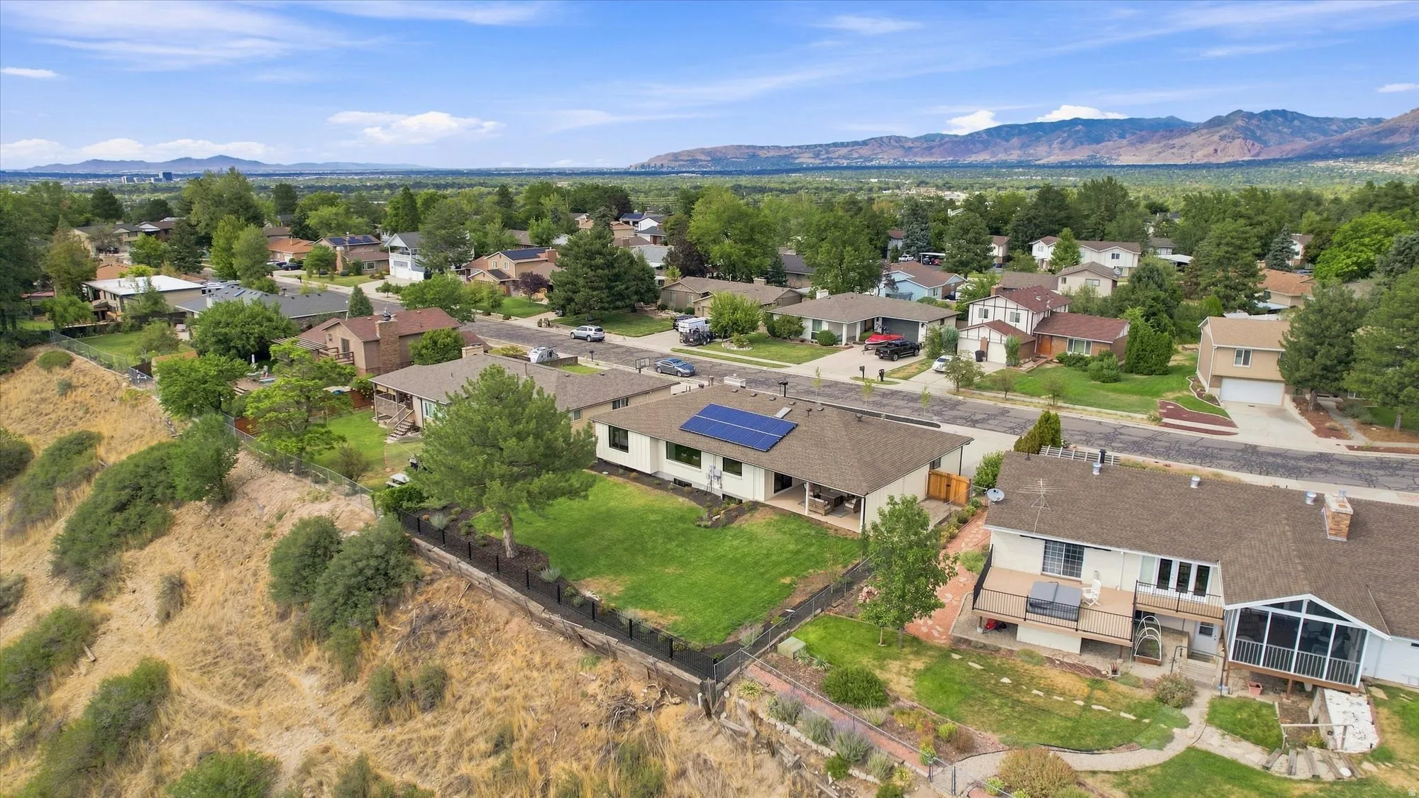 Expansive backyard with a manicured lawn, established trees, and a durable fence