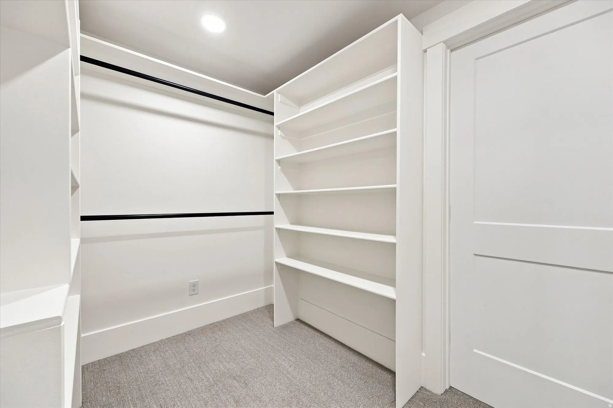 Built-in shelving, hanging rods, recessed lighting, white paneled door, and carpeted flooring