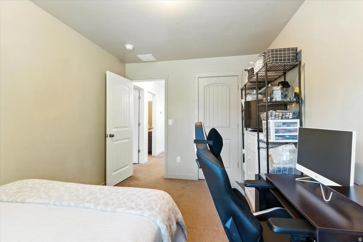 Carpeted flooring, neutral wall tones, and white paneled doors