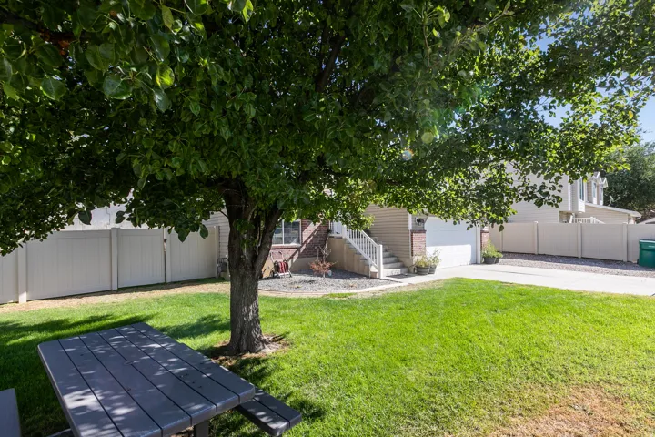 Manicured lawn, mature shade tree, privacy fencing, multi-level exterior, and an attached garage