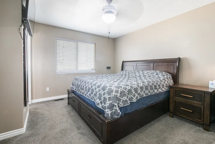 Wall-mounted television, window with blinds, ceiling fan, and carpeted flooring