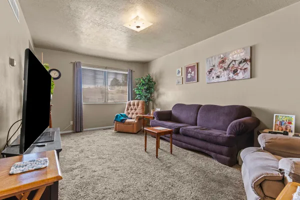 Carpeted living area with neutral wall tones and a window with blinds