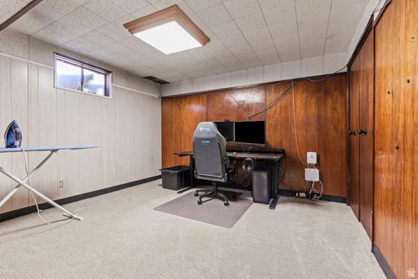Carpeting throughout, wood paneling, white paneling, overhead lighting, and a single window