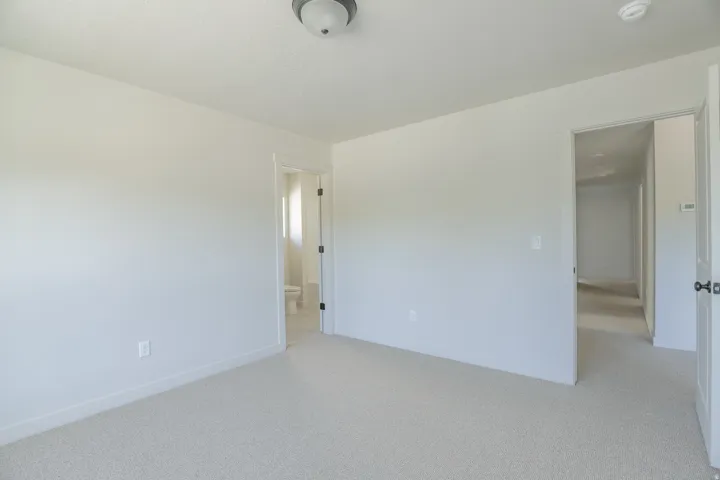 Neutral-toned walls, light-colored carpeting, white trim, and white doors with dark hardware