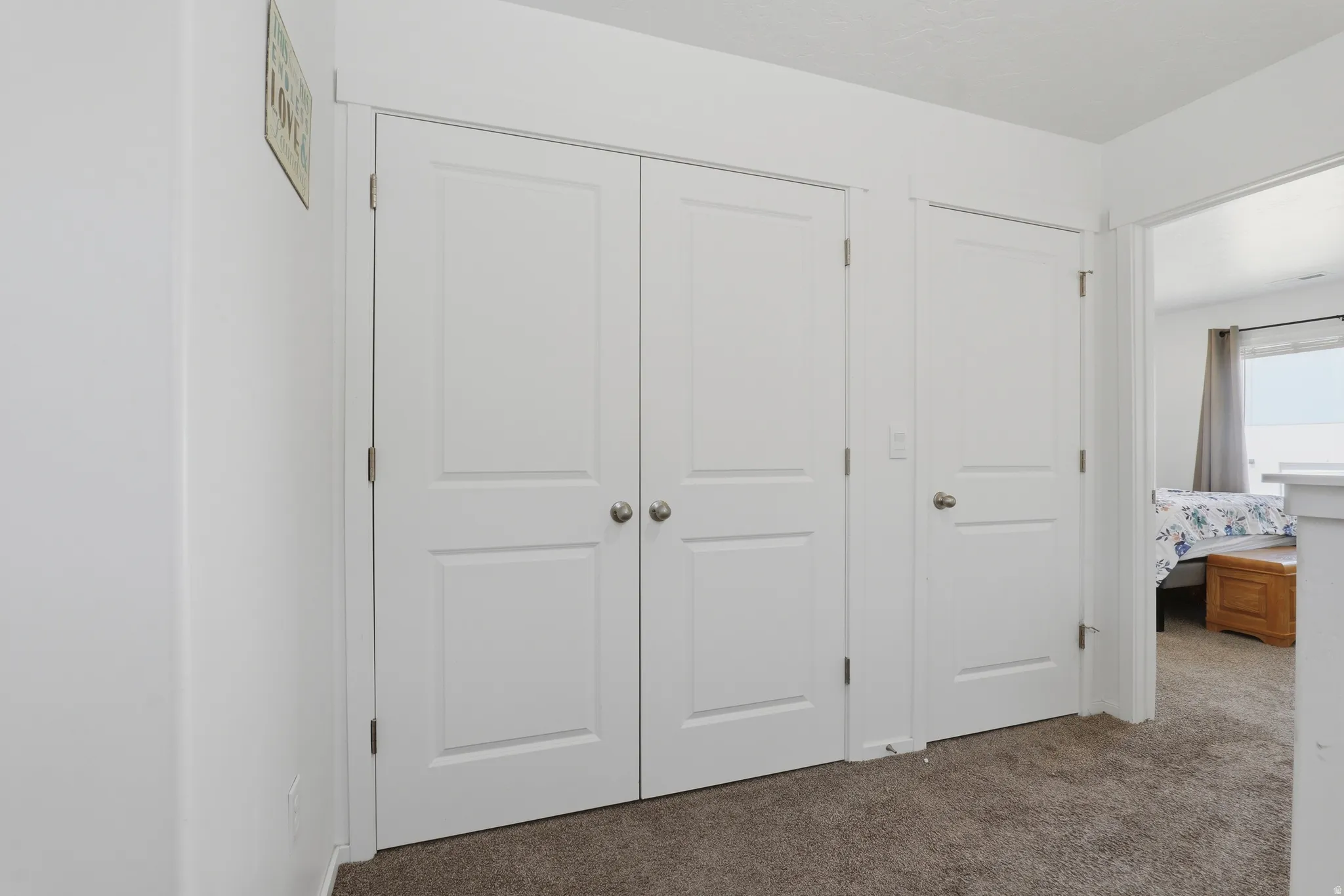 White interior doors with panel detailing, neutral carpeting, and a light-colored wall finish