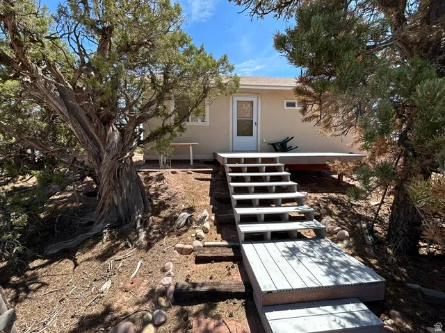 Exterior deck with wood-finish steps