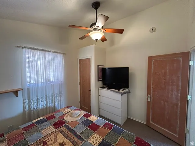 Ceiling fan with integrated lighting, wood-panel doors, and wall-mounted shelving
