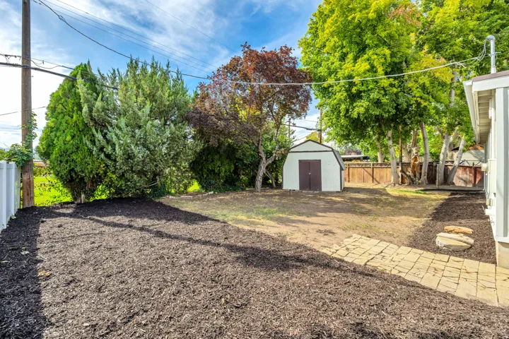 Expansive backyard featuring a storage shed, established trees, and a paver pathway