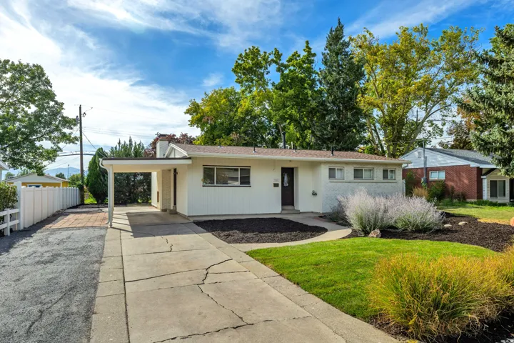 Single-story residence featuring a carport, front lawn, and established landscaping