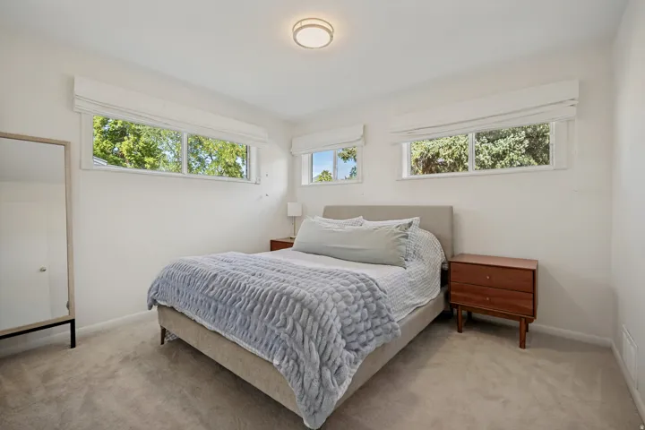 Recessed windows with natural scenery, light-colored walls, and a flush-mount ceiling light
