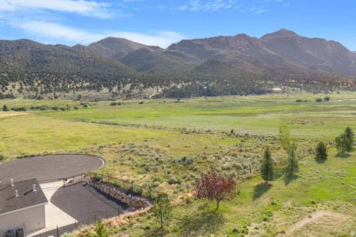 Mountain backdrop framing expansive green fields