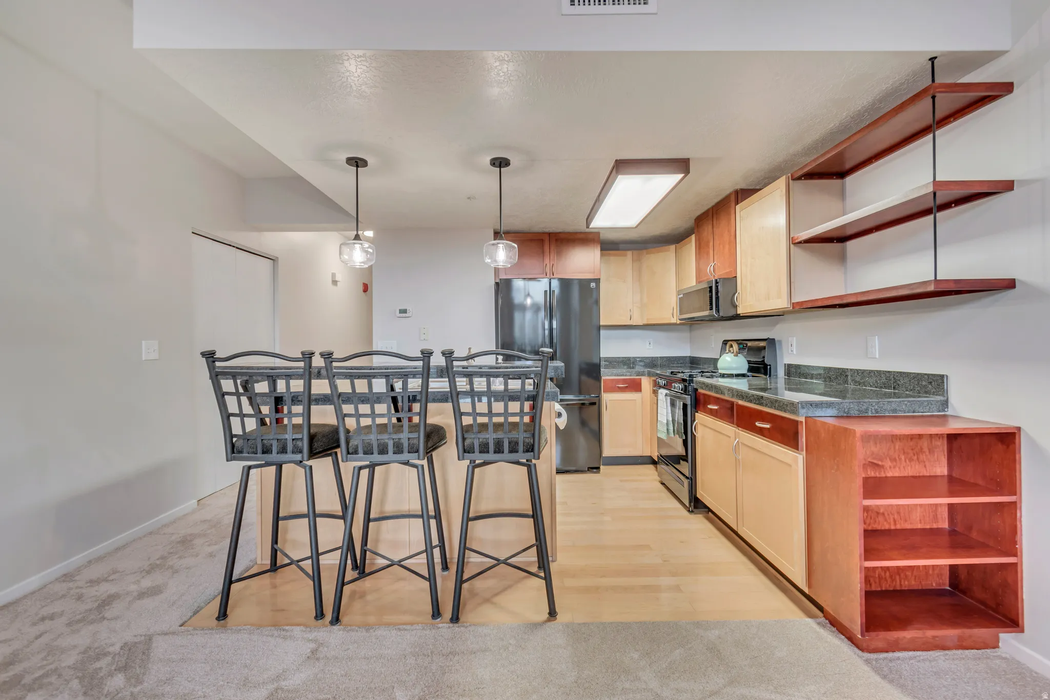 Kitchen featuring wood-finish flooring, dark stone countertops, stainless steel appliances, and open shelving