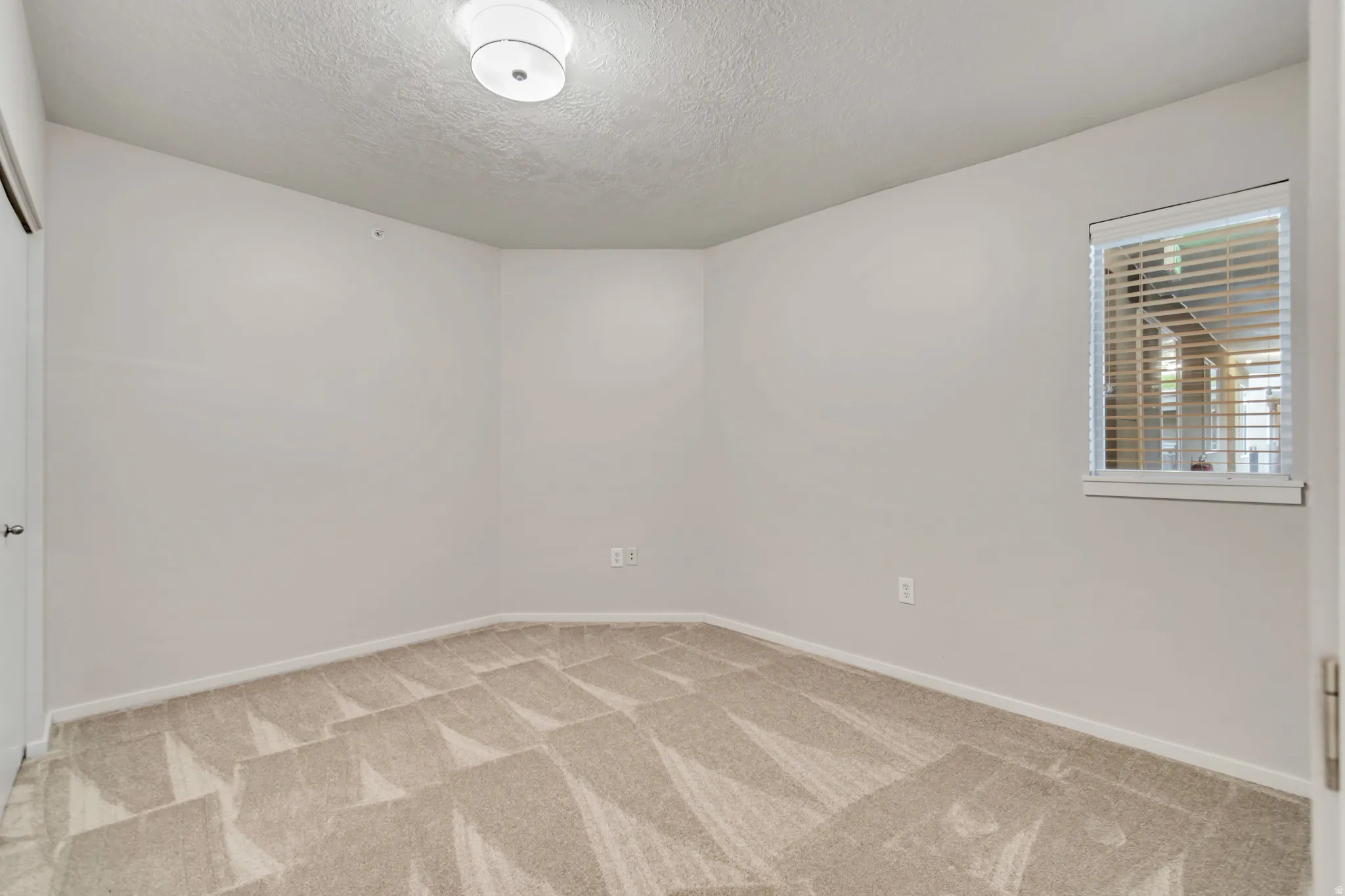Neutral tone wall finish, textured ceiling, flush mount ceiling light fixture, window with blinds, and patterned carpeting