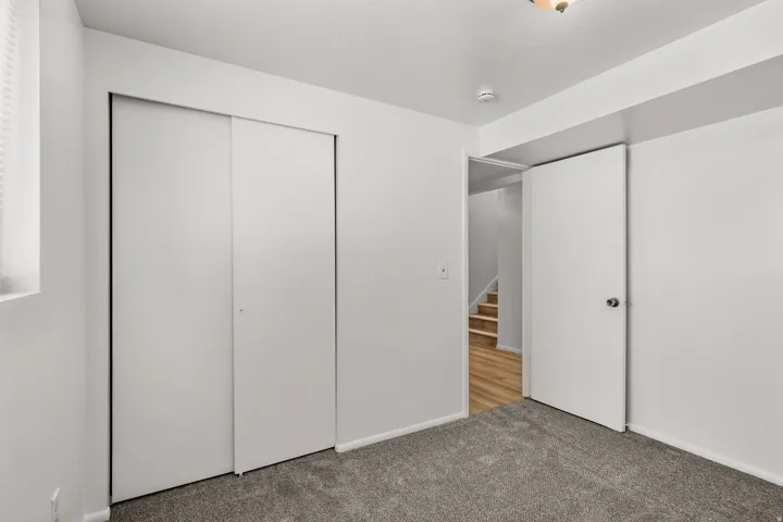 Plush gray carpeting, white walls, white sliding closet doors, and a permanent ceiling-mounted light fixture