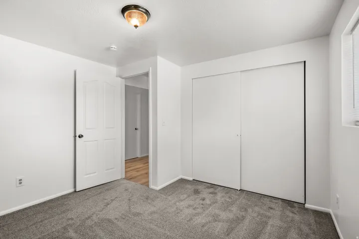 Plush carpeting, paneled interior door, sliding closet doors, and an overhead light fixture