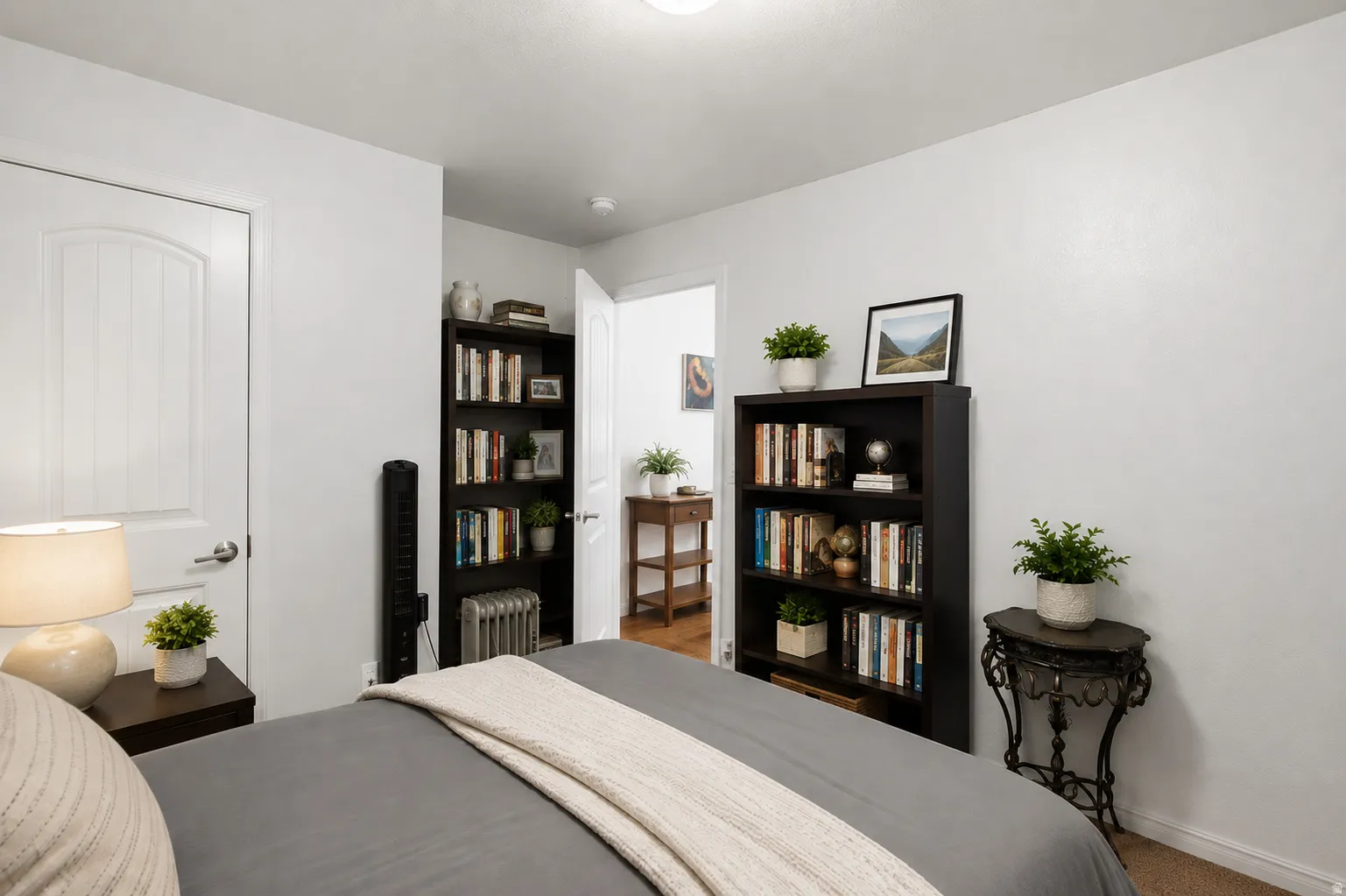 White interior doors with panel detailing, light-toned walls, and wood-finish flooring visible in the background