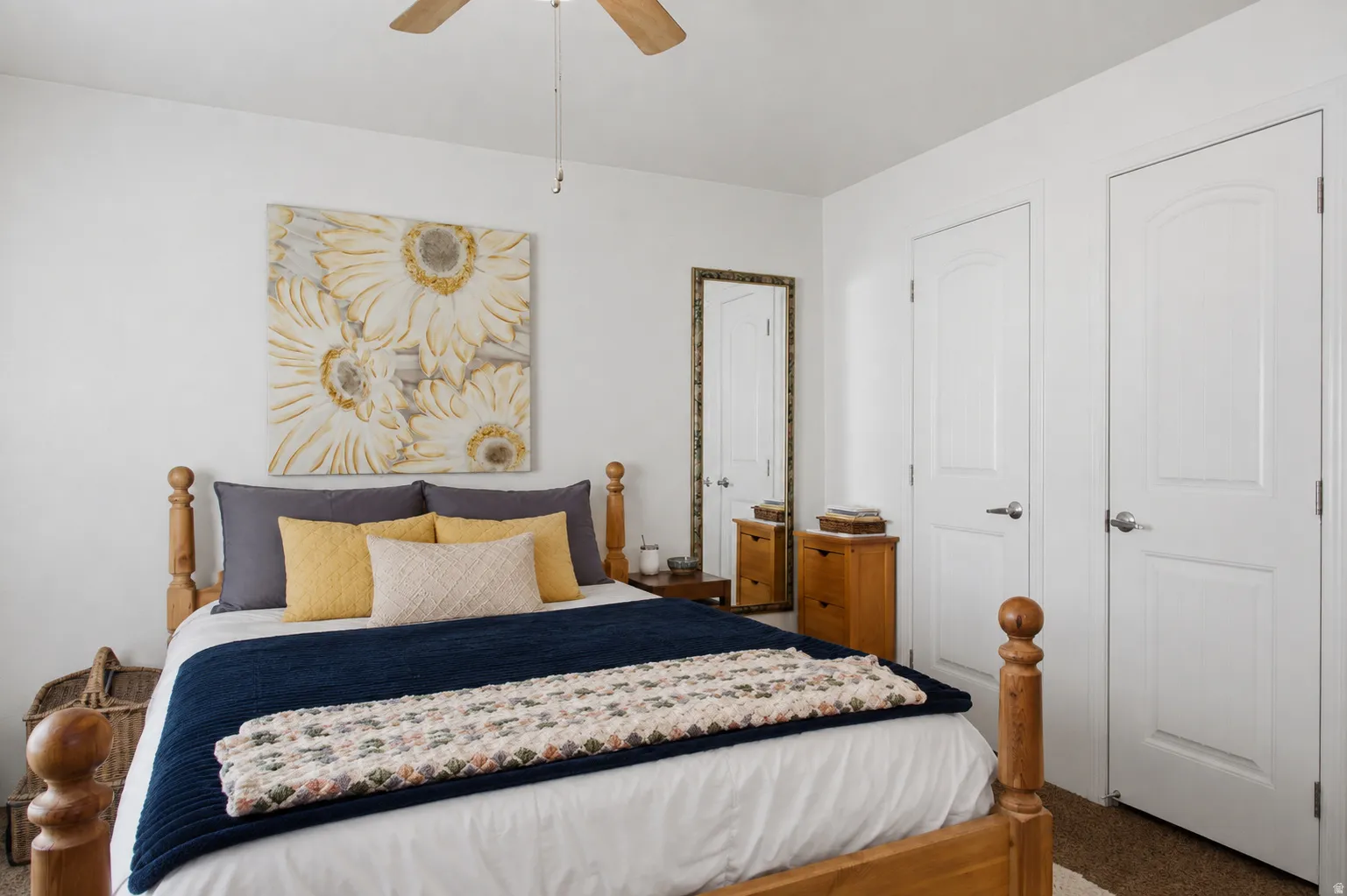 Recessed lighting with a ceiling fan, white paneled doors, and wall-to-wall carpeting