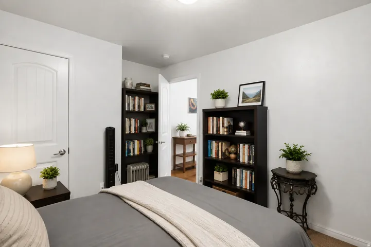White interior doors with panel detailing, light-toned walls, and wood-finish flooring visible in the background