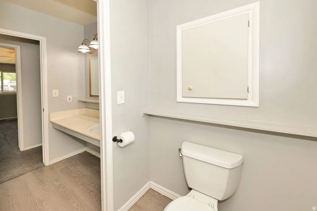 Full vanity with integrated sink, wood-finish flooring, and wall-mounted medicine cabinet