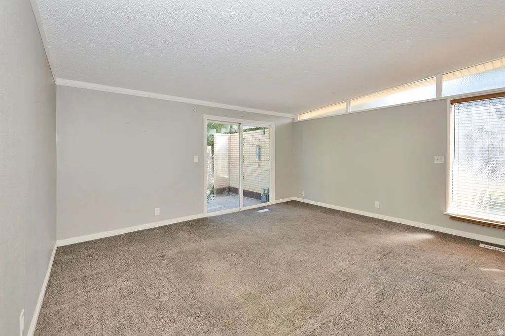 Sliding glass door, wall-to-wall carpeting, white trim, and transom windows