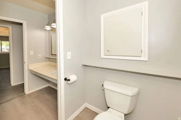 Full vanity with integrated sink, wood-finish flooring, and wall-mounted medicine cabinet