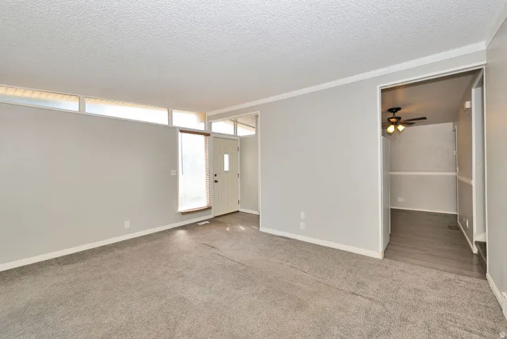 Spacious primary living area with neutral carpeting, abundant natural light from multiple windows, and a ceiling fan