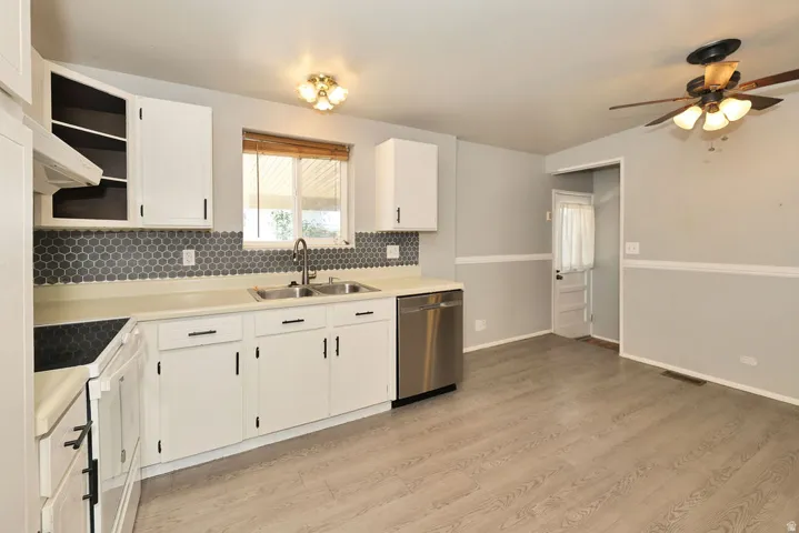 White cabinetry with black hardware, stainless steel dishwasher, dual basin sink, hexagonal tile backsplash, and wood-finish flooring