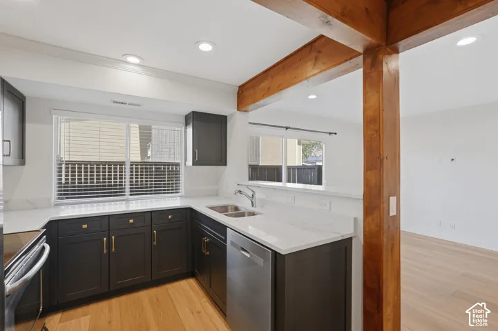 Kitchen featuring dark cabinetry, light countertops, wood-finish flooring, recessed lighting, and a stainless steel double basin sink