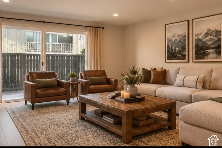 Virtually staged Living area featuring recessed lighting, wood-finish flooring, and large sliding glass doors