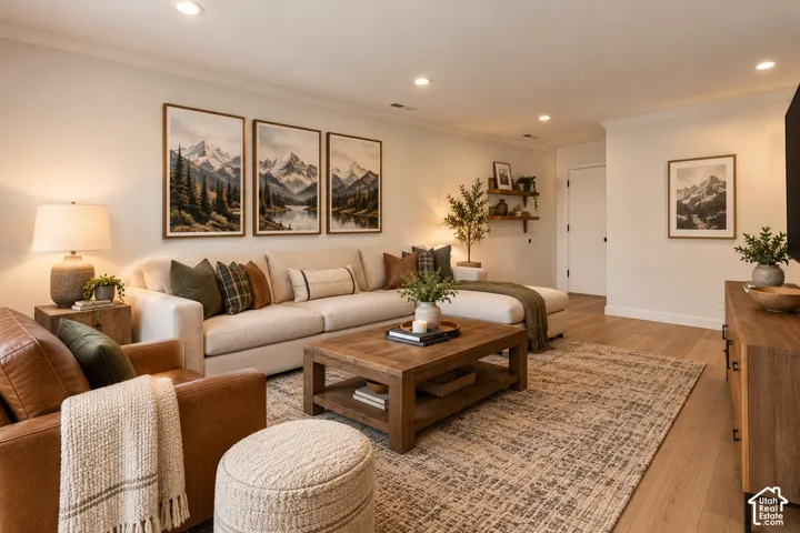 Virtually staged Living area featuring wood-finish flooring, recessed lighting, and wall-mounted shelving