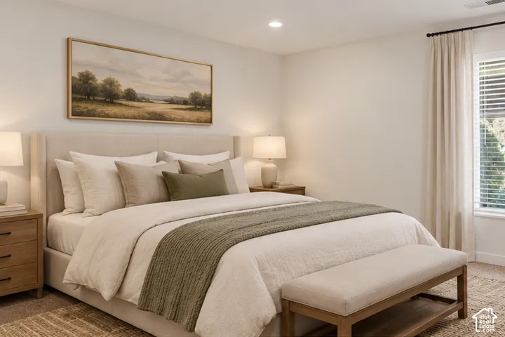 Neutral-toned interior featuring recessed lighting and a window with horizontal blinds and drapery hardware