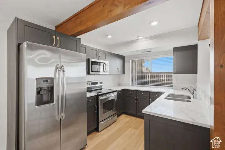 Modern kitchen featuring dark cabinetry, stainless steel appliances, light wood-finish flooring, and white countertops
