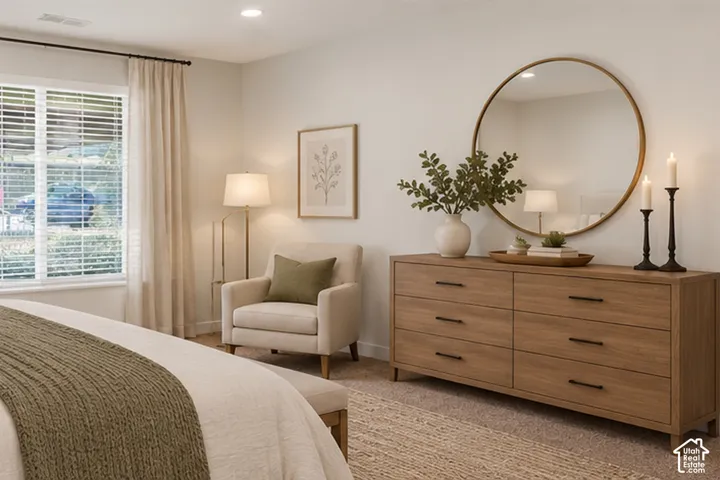 Neutral wall tones, recessed lighting, and large windows with horizontal blinds