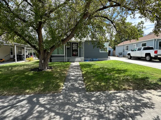 Front exterior featuring a pedestrian walkway, mature tree, manicured lawn, and paved driveway