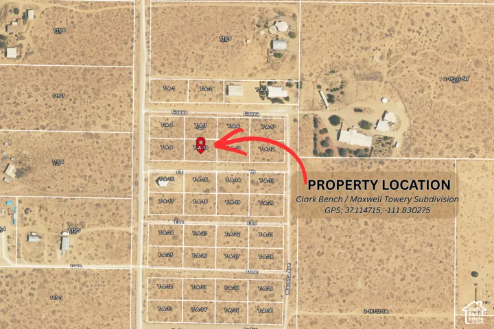 Property Location Map. Aerial survey identifying the subject property within Clark Bench / Maverik Towery Subdivision with parcel and street grid references